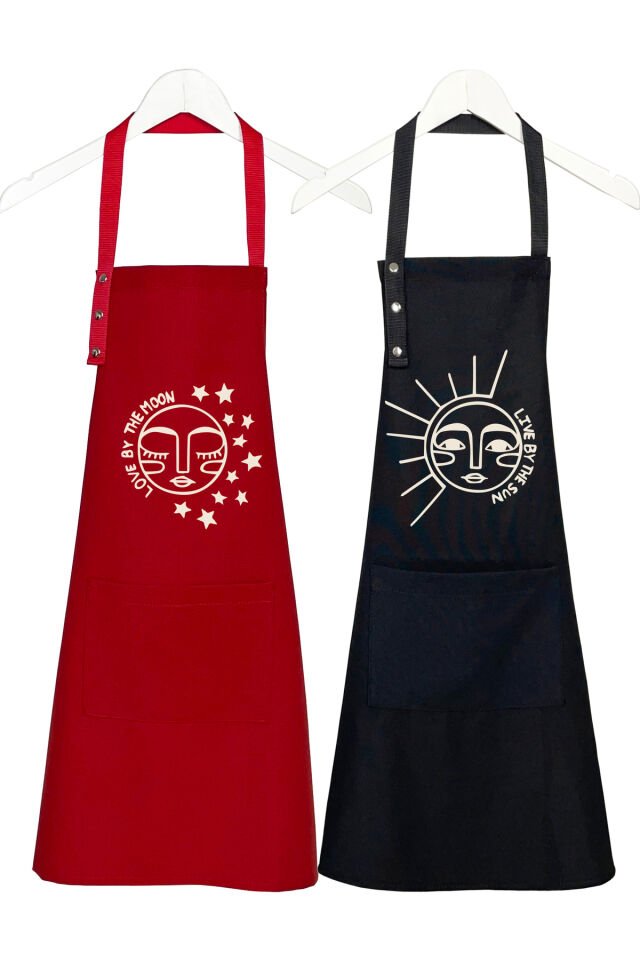 Mutfak Önlüğü Seti 2'li Siyah Kırmızı Leke Tutmaz Su Itici Kumaş Solmaz Baskı Çeyiz Ay Güneş Önlük 60 x 75 - Kırmızı