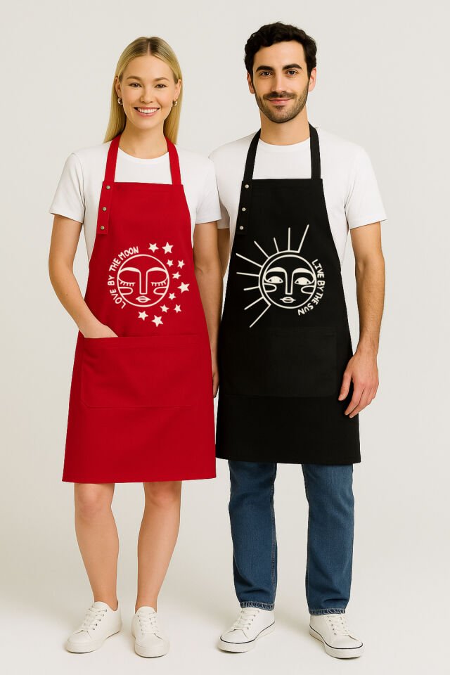 Mutfak Önlüğü Seti 2'li Siyah Kırmızı Leke Tutmaz Su Itici Kumaş Solmaz Baskı Çeyiz Ay Güneş Önlük 60 x 75 - Kırmızı