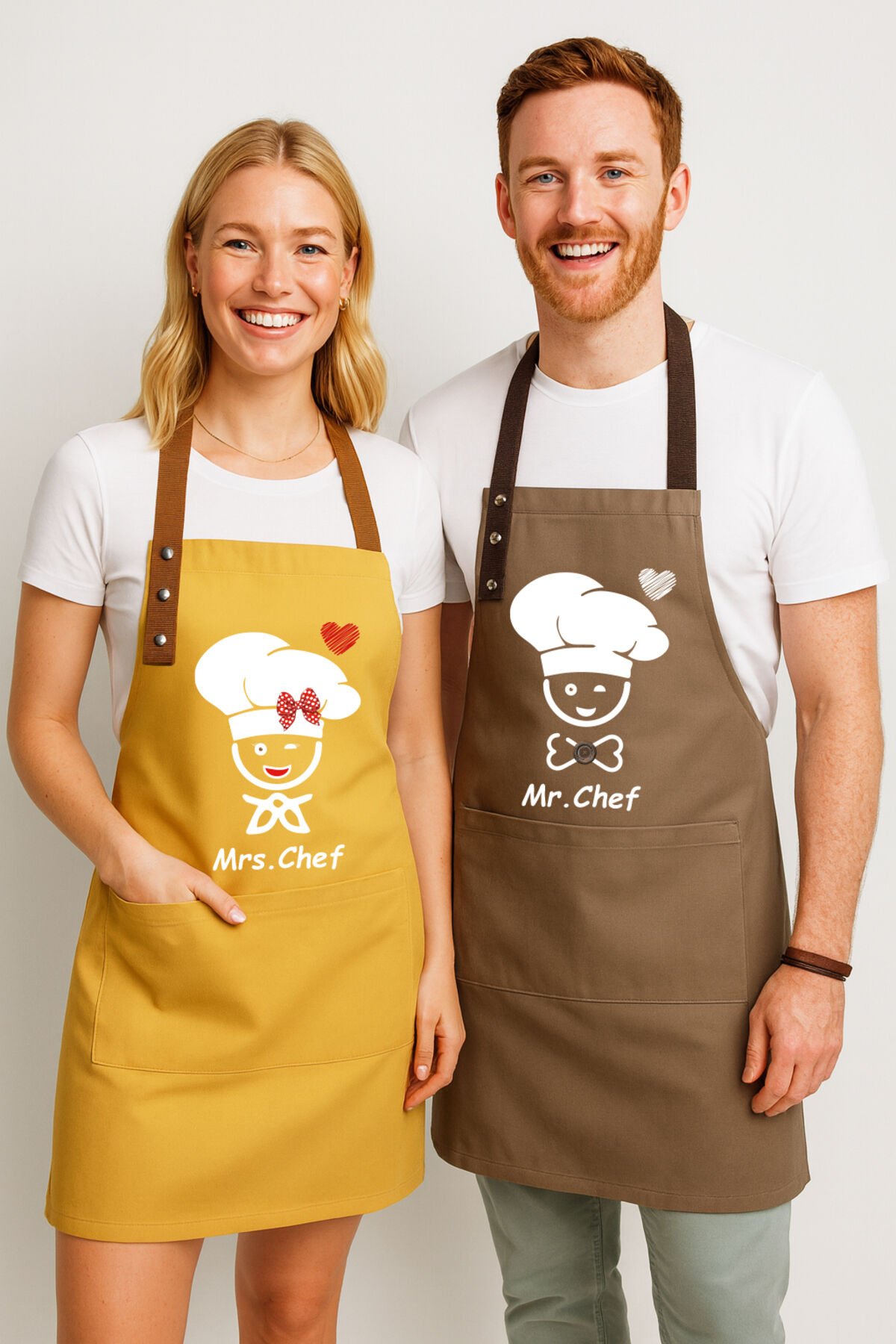 Mutfak Önlüğü Seti 2'li Leke Tutmaz Su itici Kumaş Şef Çeyiz Cepli Sarı Kahverengi Önlük 60 x 75 - Sarı - Kahve