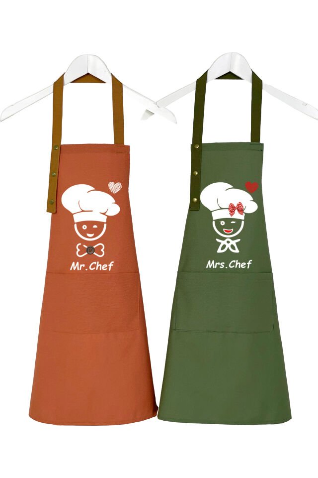 Mutfak Önlüğü Seti 2'li Leke Tutmaz Su itici Kumaş Şef Çeyiz Cepli Sarı Kahverengi Önlük 60 x 75 - Haki Terracotta