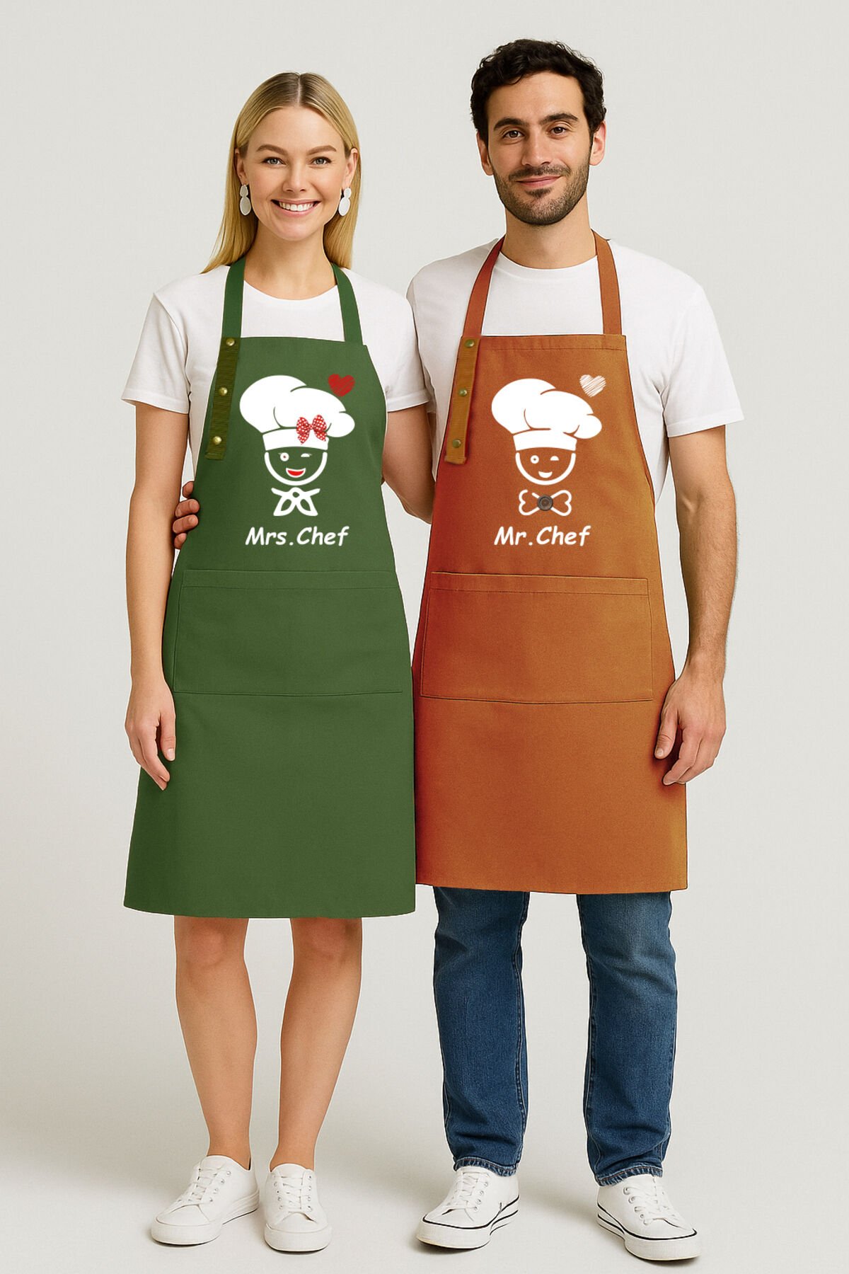 Mutfak Önlüğü Seti 2'li Leke Tutmaz Su itici Kumaş Şef Çeyiz Cepli Sarı Kahverengi Önlük 60 x 75 - Haki Terracotta