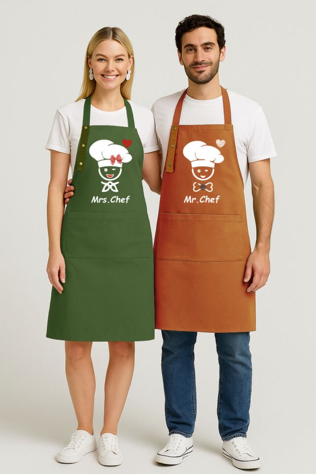 Mutfak Önlüğü Seti 2'li Leke Tutmaz Su itici Kumaş Şef Çeyiz Cepli Sarı Kahverengi Önlük 60 x 75 - Haki Terracotta