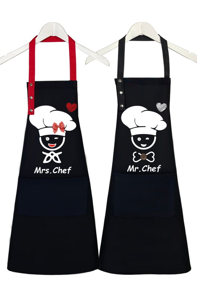 Mutfak Önlüğü Seti 2'li Leke Tutmaz Su itici Kumaş Şef Çeyiz Cepli Sarı Kahverengi Önlük 60 x 75 - S. Siyah / K. Siyah