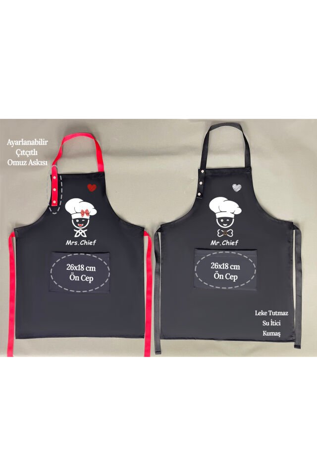 Mutfak Önlüğü Seti 2'li Leke Tutmaz Su itici Kumaş Şef Çeyiz Cepli Sarı Kahverengi Önlük 60 x 75 - S. Siyah / K. Siyah