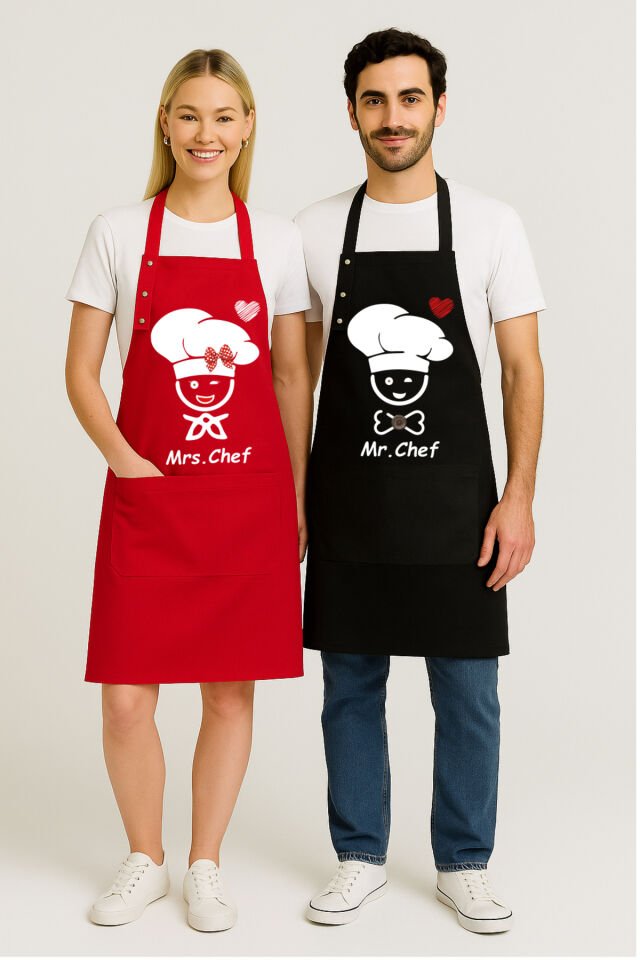 Mutfak Önlüğü Seti 2'li Leke Tutmaz Su itici Kumaş Şef Çeyiz Cepli Sarı Kahverengi Önlük 60 x 75 - Kırmızı - Siyah