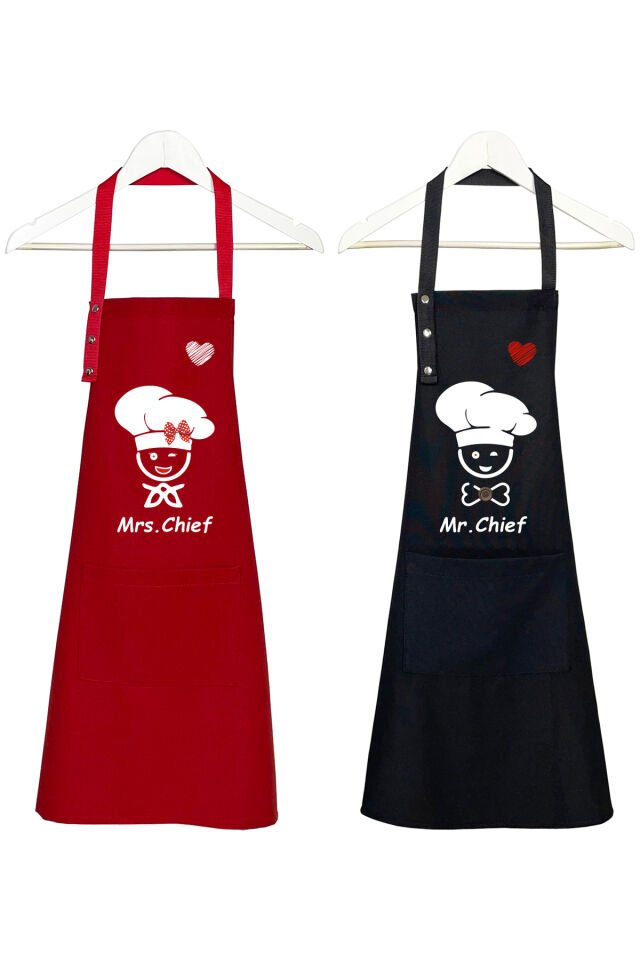 Mutfak Önlüğü Seti 2'li Leke Tutmaz Su itici Kumaş Şef Çeyiz Cepli Sarı Kahverengi Önlük 60 x 75 - Kırmızı - Siyah