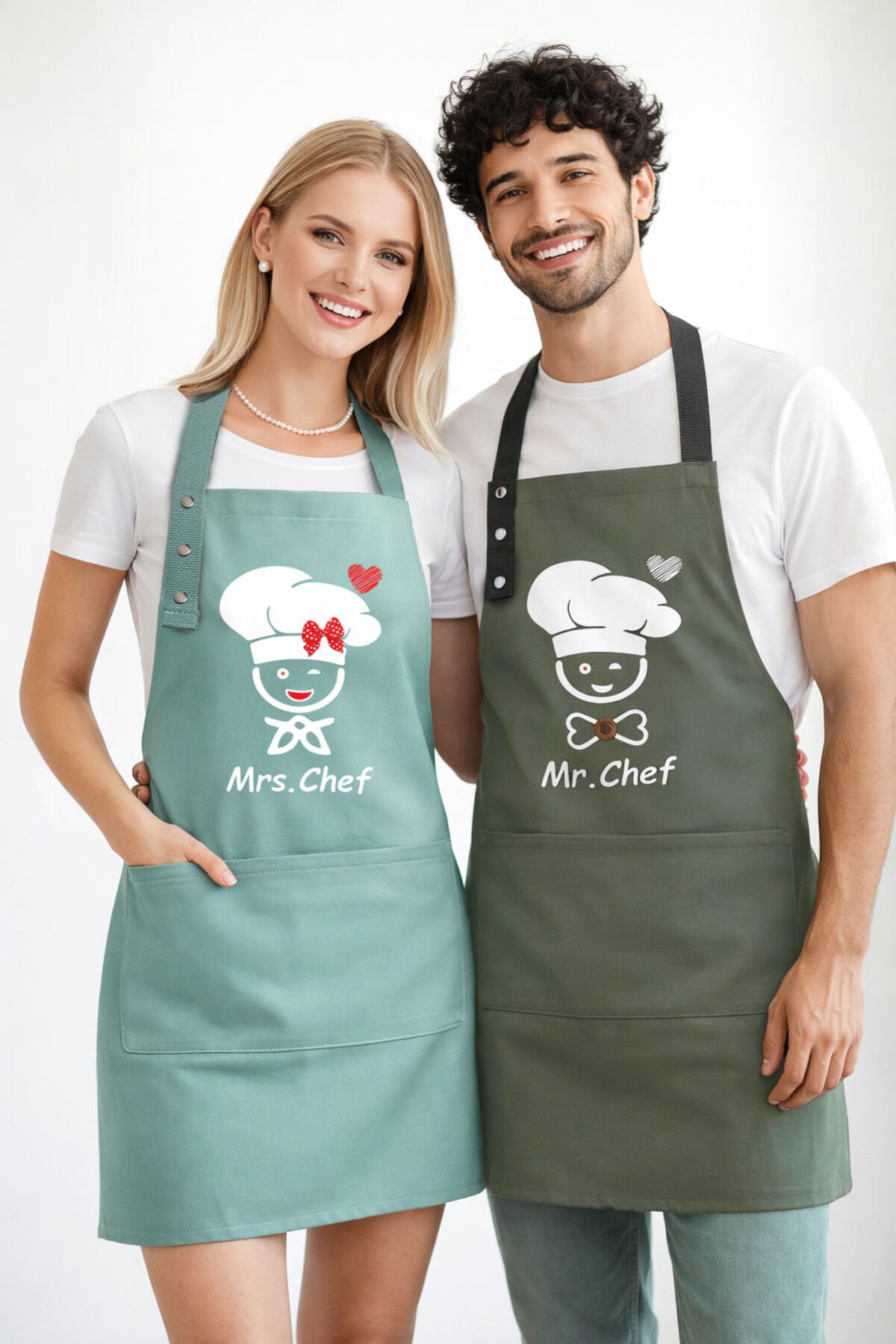 Mutfak Önlüğü Seti 2'li Leke Tutmaz Su itici Kumaş Şef Çeyiz Cepli Sarı Kahverengi Önlük 60 x 75 - Suyeşili - Yosunyeşili