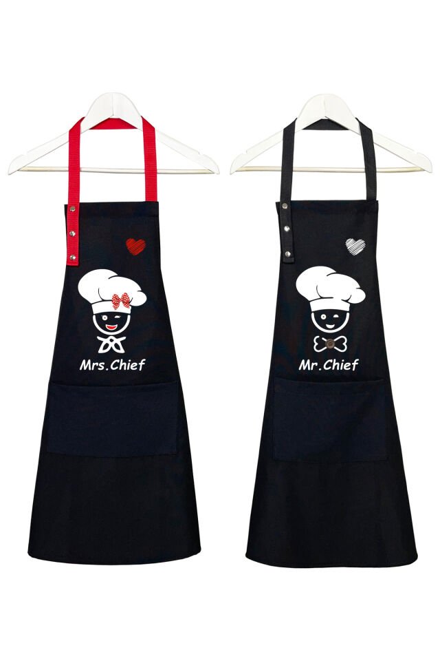Mutfak Önlüğü Seti 2'li Leke Tutmaz Su itici Kumaş Şef Çeyiz Cepli Sarı Kahverengi Önlük 60 x 75 - Siyah - Siyah