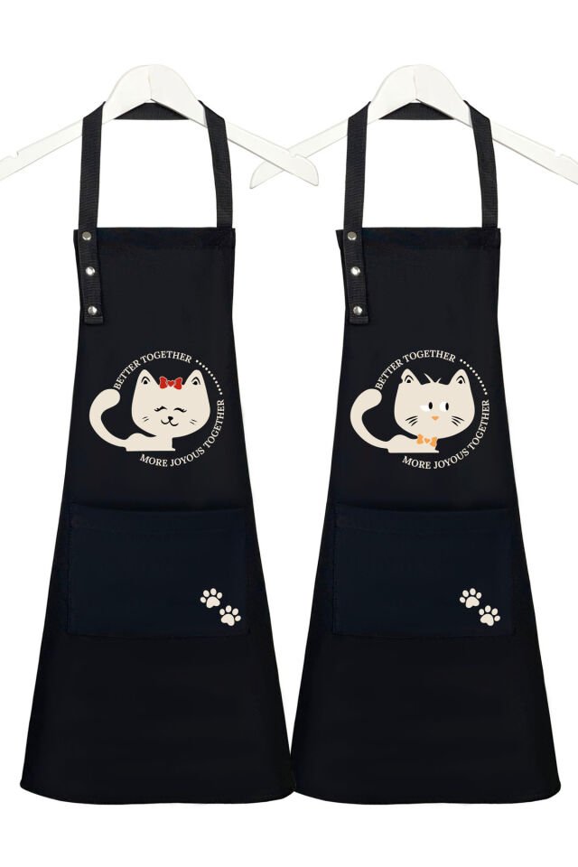 Mutfak Önlüğü Seti 2'li Leke Tutmaz Su Itici Kumaş Kedi Baskı Çeyiz Siyah Kedili Önlük 60 x 75 - Siyah - Siyah