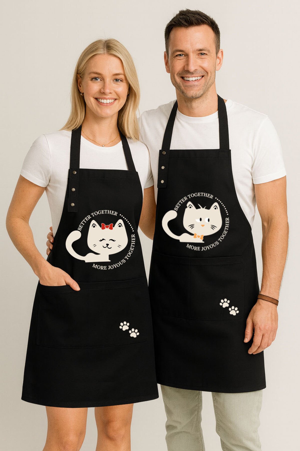 Mutfak Önlüğü Seti 2'li Leke Tutmaz Su Itici Kumaş Kedi Baskı Çeyiz Siyah Kedili Önlük 60 x 75 - Siyah - Siyah