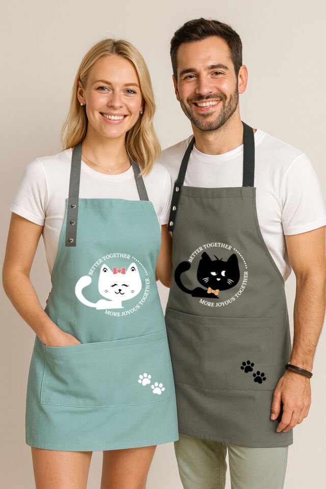 Mutfak Önlüğü Seti 2'li Leke Tutmaz Su Itici Kumaş Kedi Baskı Çeyiz Siyah Kedili Önlük 60 x 75 - Yeşil