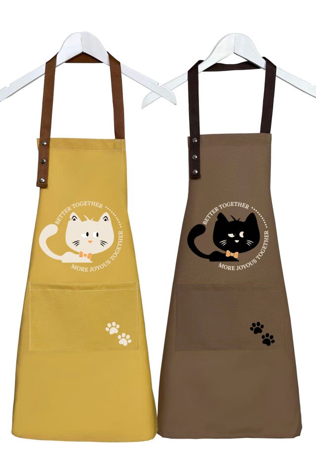 Mutfak Önlüğü Seti 2'li Leke Tutmaz Su Itici Kumaş Kedi Baskı Çeyiz Siyah Kedili Önlük 60 x 75 - Hardal