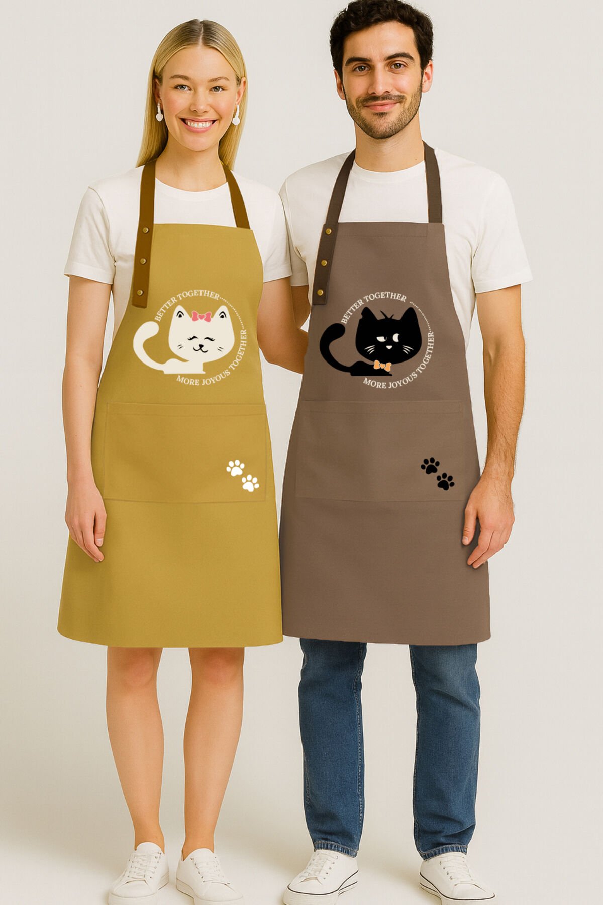 Mutfak Önlüğü Seti 2'li Leke Tutmaz Su Itici Kumaş Kedi Baskı Çeyiz Siyah Kedili Önlük 60 x 75 - Hardal