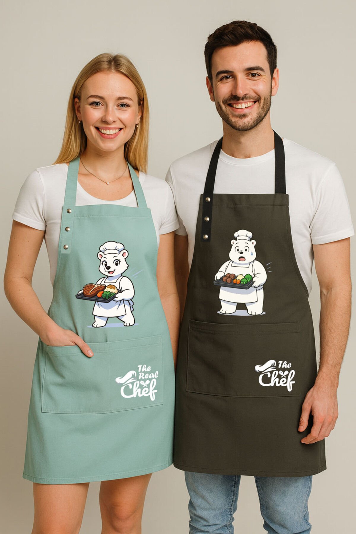 Mutfak Önlüğü Seti 2'li Leke Tutmaz Su itici Kumaş Solmaz Baskı Şef Ayıcık Desenli Çift Önlük 55 x 75 - Mint - Yosun