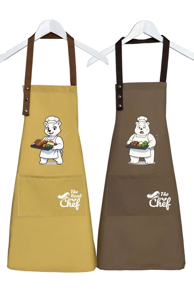 Mutfak Önlüğü Seti 2'li Leke Tutmaz Su itici Kumaş Solmaz Baskı Şef Ayıcık Desenli Çift Önlük 55 x 75 - Hardal - Kahve