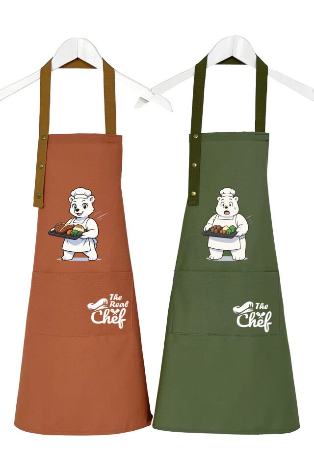 Mutfak Önlüğü Seti 2'li Leke Tutmaz Su itici Kumaş Solmaz Baskı Şef Ayıcık Desenli Çift Önlük 55 x 75 - Terracotta - Haki