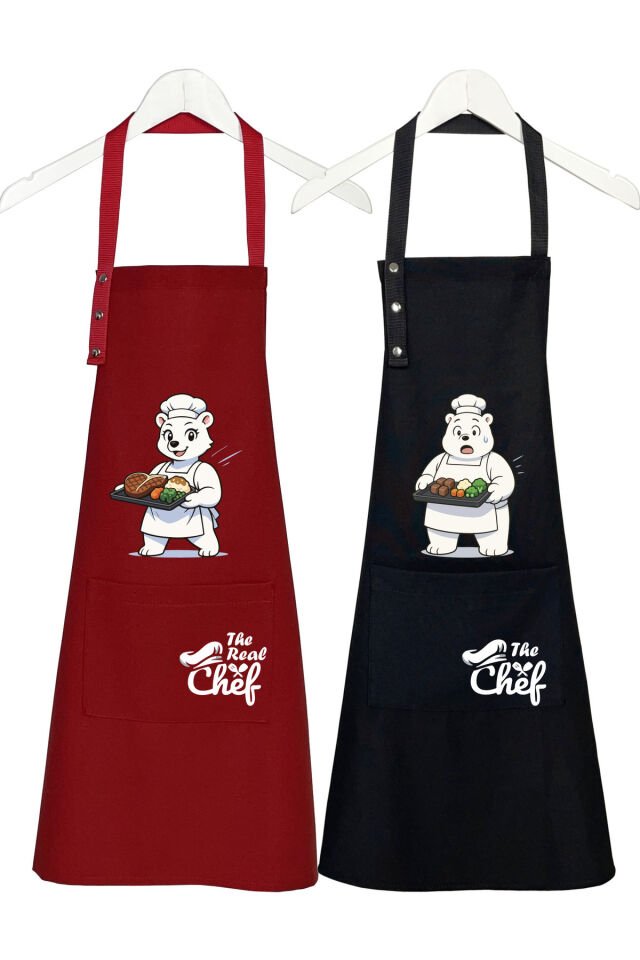 Mutfak Önlüğü Seti 2'li Leke Tutmaz Su itici Kumaş Solmaz Baskı Şef Ayıcık Desenli Çift Önlük 55 x 75 - Kırmızı - Siyah