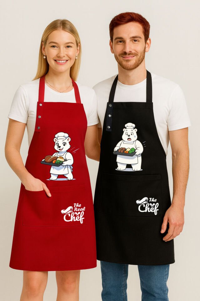 Mutfak Önlüğü Seti 2'li Leke Tutmaz Su itici Kumaş Solmaz Baskı Şef Ayıcık Desenli Çift Önlük 55 x 75 - Kırmızı - Siyah