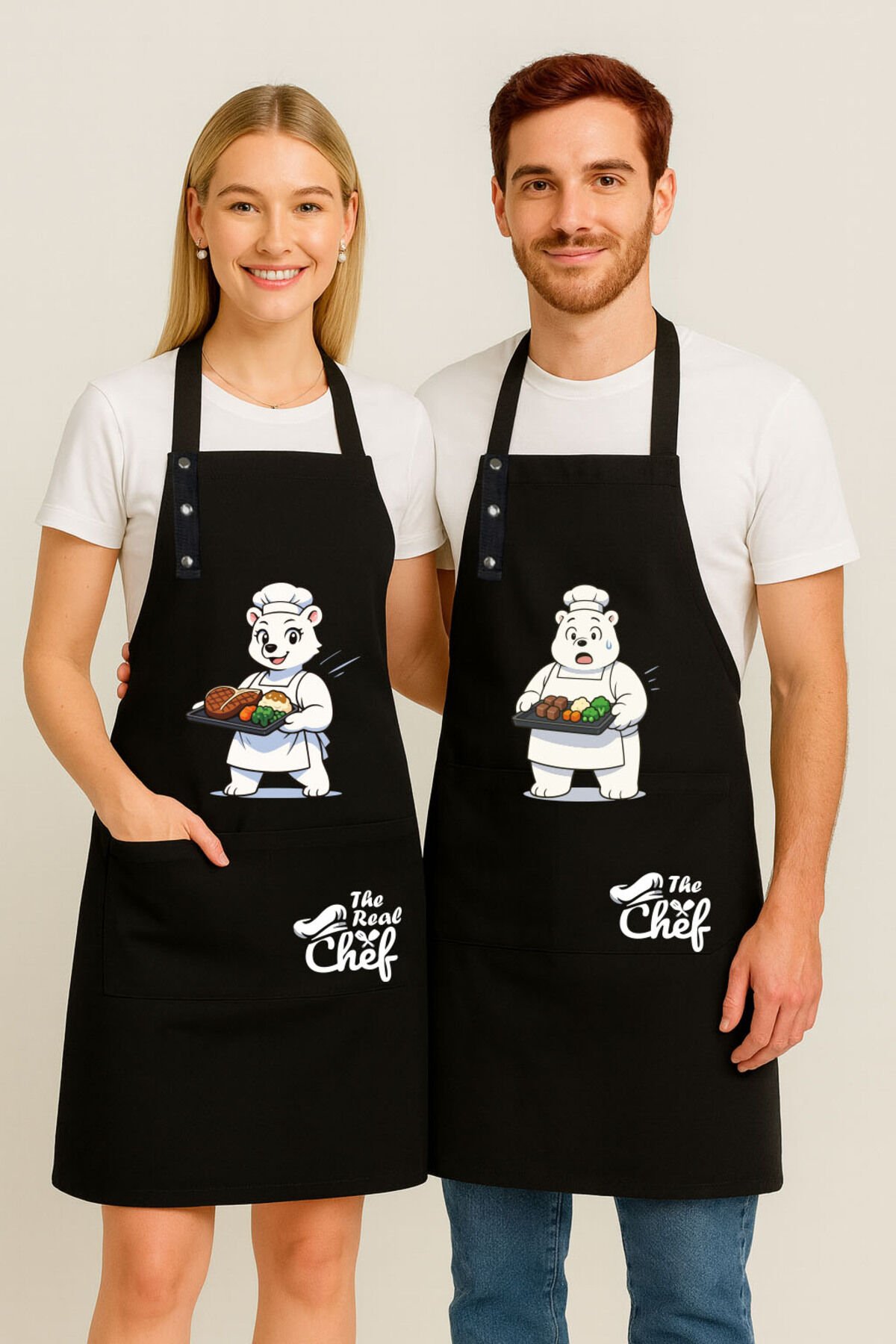 Mutfak Önlüğü Seti 2'li Leke Tutmaz Su itici Kumaş Solmaz Baskı Şef Ayıcık Desenli Çift Önlük 55 x 75 - Siyah - Siyah