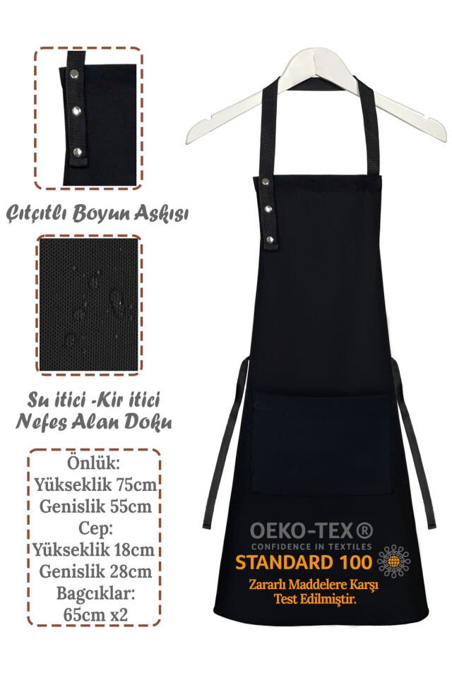 Mutfak Önlüğü Leke Tutmaz Su itici Kumaş Çıtçıtlı Boyun Askılı Yağ Yeşili / Yosun Önlük 55 x 75 - Siyah