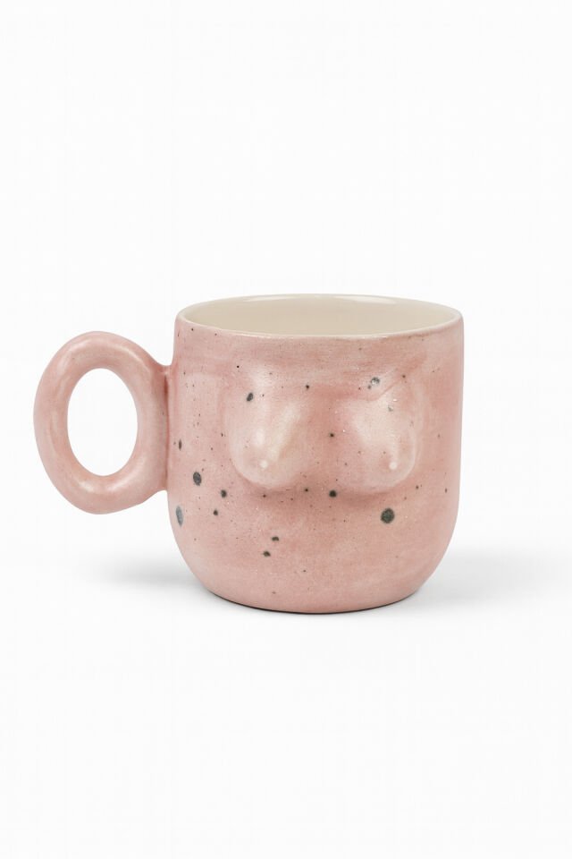 El Yapımı Seramik Artistik Sırlı Kupa Kadın Memeli / Göğüslü Çay Kahve Fincanı Mug Bardak 1 Adet Pembe