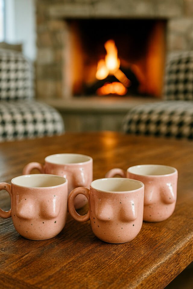 El Yapımı Seramik Artistik Sırlı Kupa Kadın Memeli / Göğüslü Çay Kahve Fincanı Mug Bardak 4 Adet Pembe