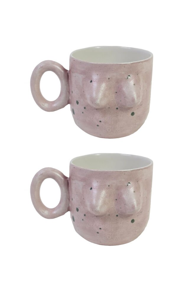 El Yapımı Seramik Artistik Sırlı Kupa Kadın Memeli / Göğüslü Çay Kahve Fincanı Mug Bardak 2 Adet Pembe