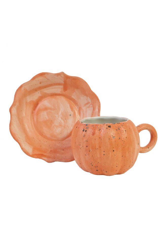 El Yapımı Seramik Kupa Balkabağı / Pumpkin Çay Kahve Fincanı Mug Bardak ve Tabak Halloween Turuncu