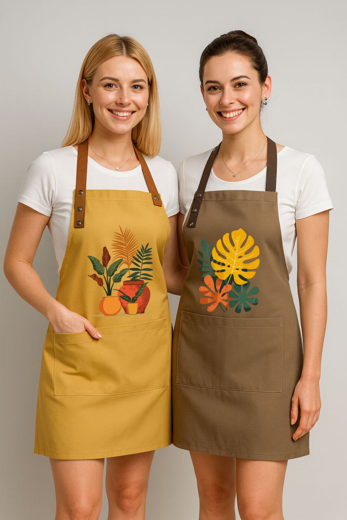 Mutfak Önlüğü Seti 2'li Leke Tutmaz Su itici Kumaş Solmaz Baskı Monstera Saksı Bitkileri Önlük 55 x 75 - Hardal - Kahve