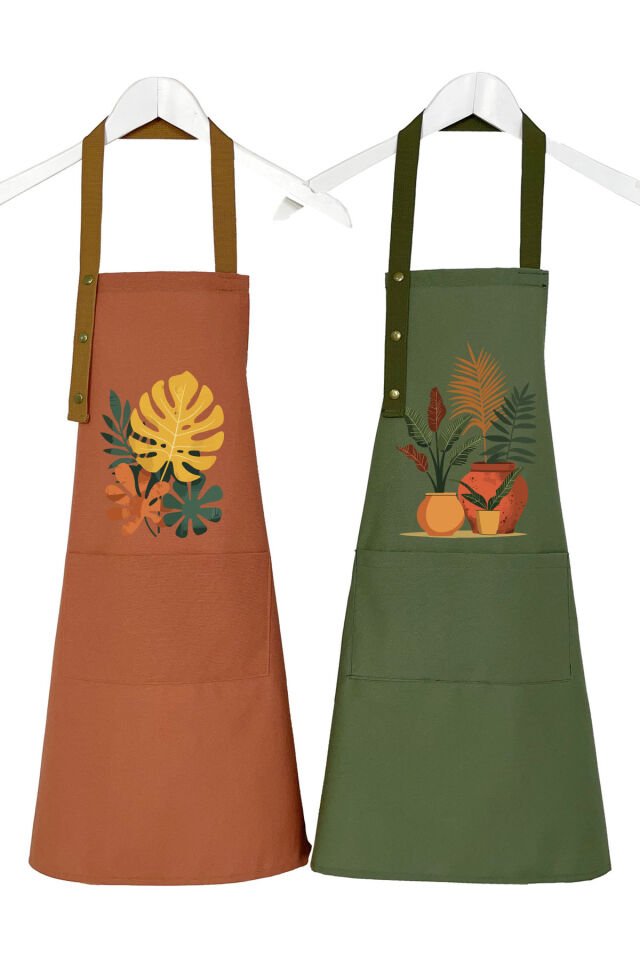 Mutfak Önlüğü Seti 2'li Leke Tutmaz Su itici Kumaş Solmaz Baskı Monstera Saksı Bitkileri Önlük 55 x 75 - Terracotta - Haki