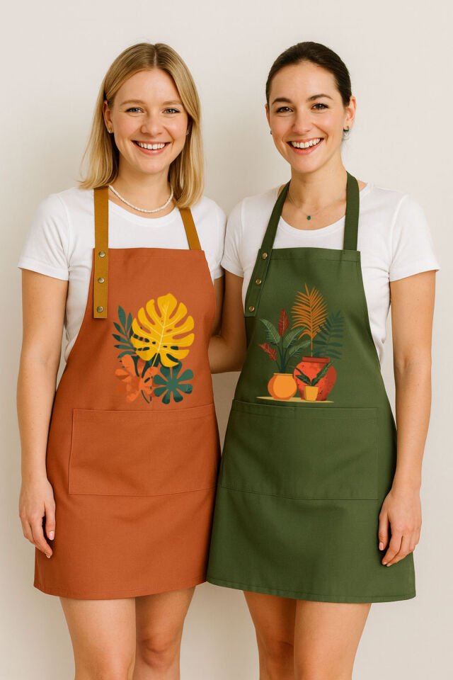 Mutfak Önlüğü Seti 2'li Leke Tutmaz Su itici Kumaş Solmaz Baskı Monstera Saksı Bitkileri Önlük 55 x 75 - Terracotta - Haki