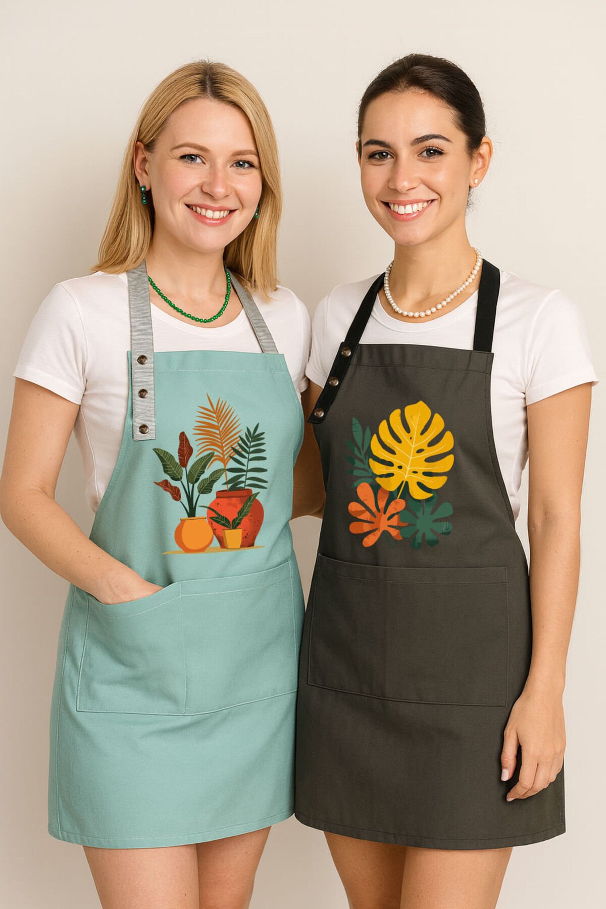 Mutfak Önlüğü Seti 2'li Leke Tutmaz Su itici Kumaş Solmaz Baskı Monstera Saksı Bitkileri Önlük 55 x 75 - Mint - Yosun