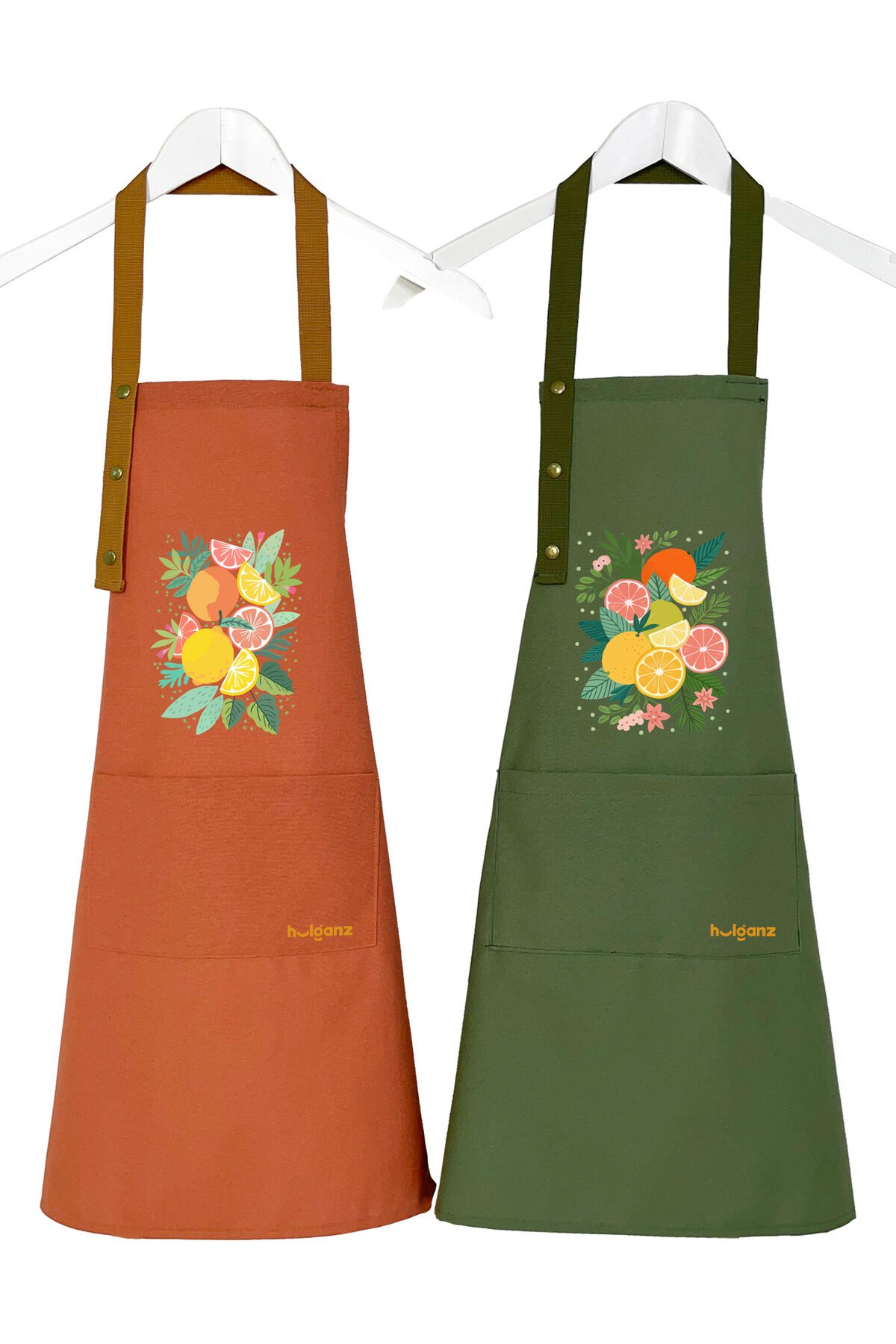 Mutfak Önlüğü Seti 2'li Leke Tutmaz Su itici Kumaş Solmaz Baskı Meyve / Fruits Desenli 55 x 75 - Terracotta - Haki