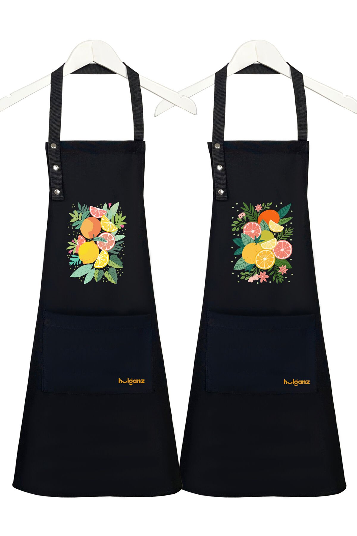 Mutfak Önlüğü Seti 2'li Leke Tutmaz Su itici Kumaş Solmaz Baskı Meyve / Fruits Desenli 55 x 75 - Siyah - Siyah