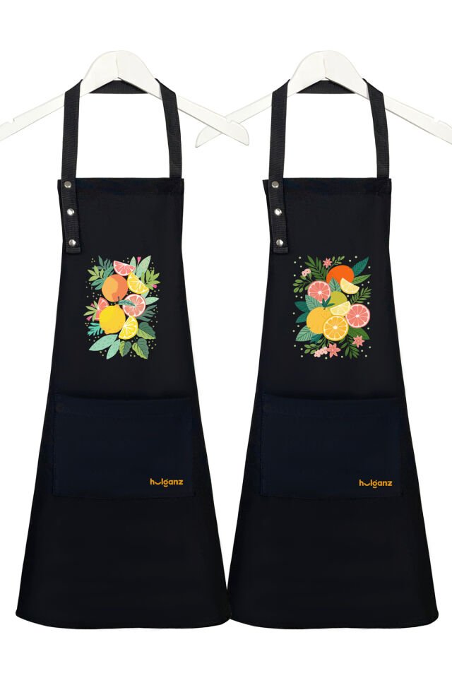 Mutfak Önlüğü Seti 2'li Leke Tutmaz Su itici Kumaş Solmaz Baskı Meyve / Fruits Desenli 55 x 75 - Siyah - Siyah