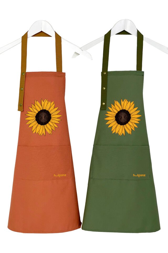Mutfak Önlüğü Seti 2'li Leke Tutmaz Su itici Kumaş Solmaz Baskı Ayçiçeği / Sunflowers Desenli 55 x 75 - Terracotta - Haki
