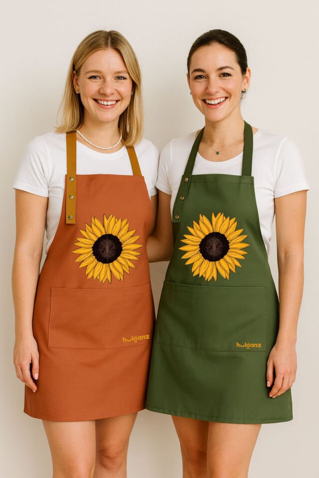 Mutfak Önlüğü Seti 2'li Leke Tutmaz Su itici Kumaş Solmaz Baskı Ayçiçeği / Sunflowers Desenli 55 x 75 - Terracotta - Haki