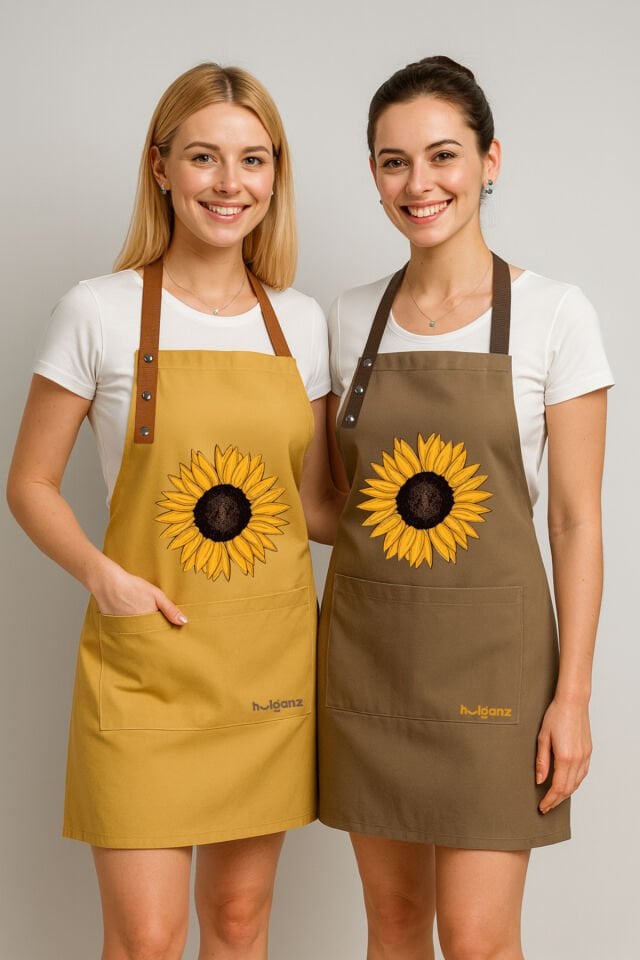 Mutfak Önlüğü Seti 2'li Leke Tutmaz Su itici Kumaş Solmaz Baskı Ayçiçeği / Sunflowers Desenli 55 x 75 - Hardal - Kahve