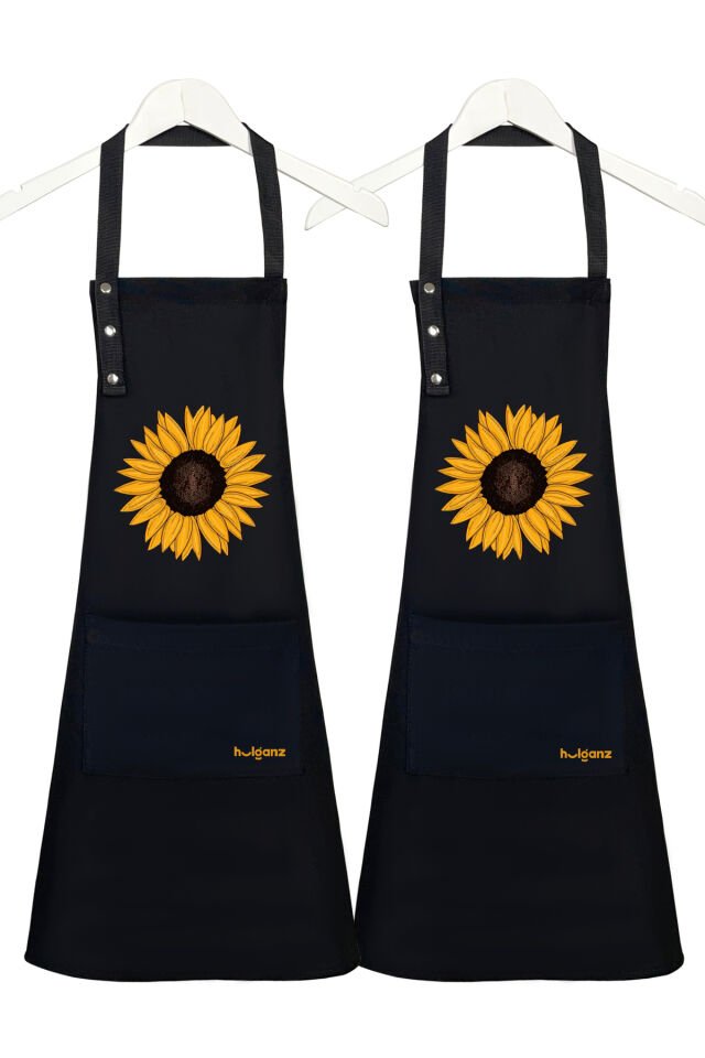 Mutfak Önlüğü Seti 2'li Leke Tutmaz Su itici Kumaş Solmaz Baskı Ayçiçeği / Sunflowers Desenli 55 x 75 - Siyah - Siyah