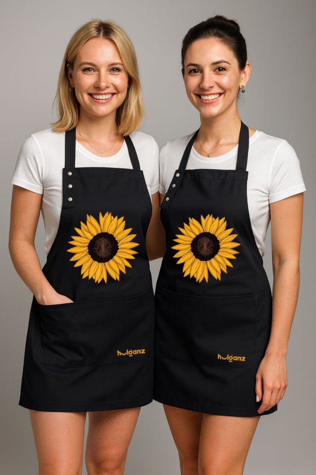 Mutfak Önlüğü Seti 2'li Leke Tutmaz Su itici Kumaş Solmaz Baskı Ayçiçeği / Sunflowers Desenli 55 x 75 - Siyah - Siyah