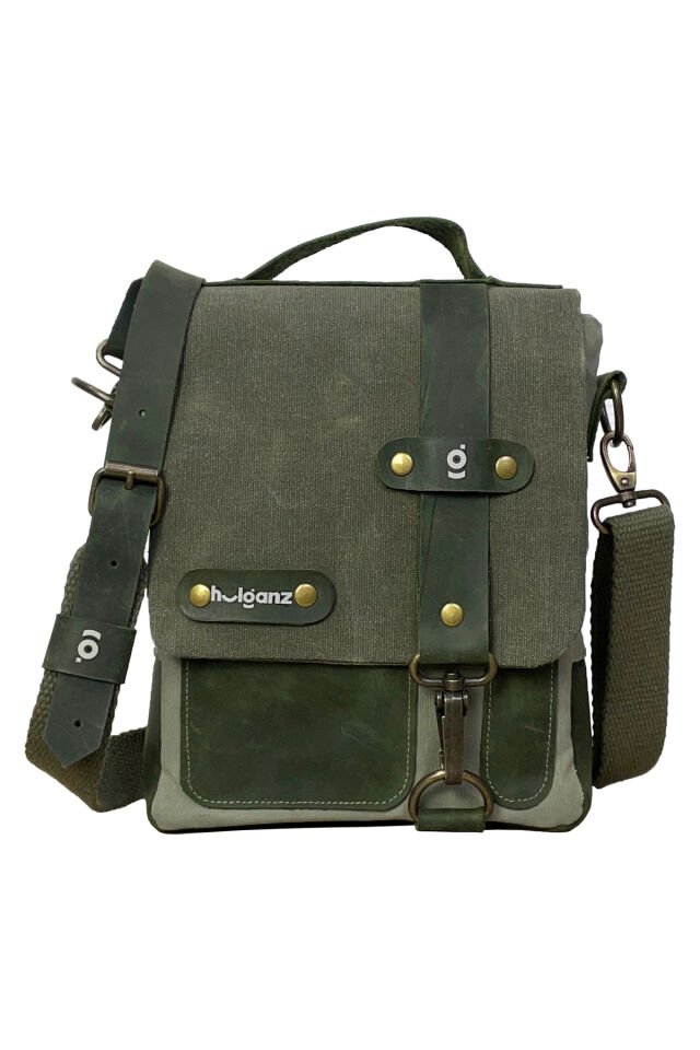 DUG Mumlu Kanvas & Hakiki Deri Postacı & El Çantası (Messenger Bag) 17x20 cm Haki