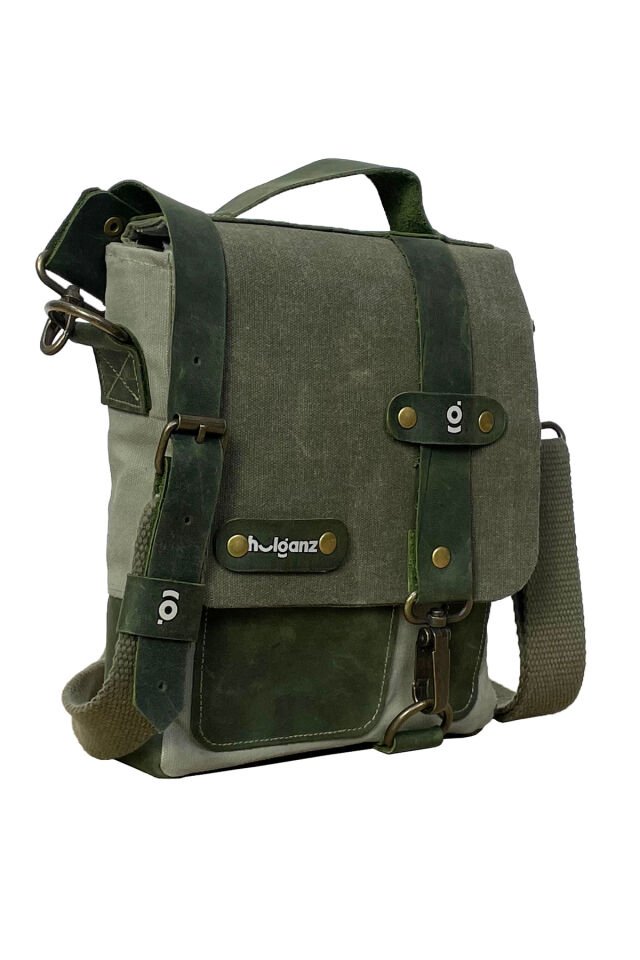 DUG Mumlu Kanvas & Hakiki Deri Postacı & El Çantası (Messenger Bag) 17x20 cm Haki