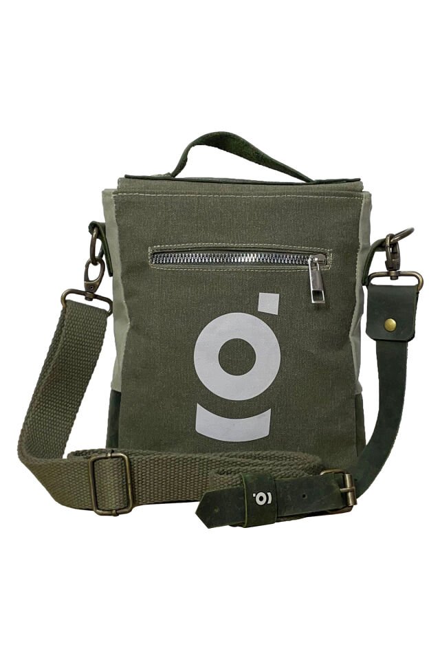 DUG Mumlu Kanvas & Hakiki Deri Postacı & El Çantası (Messenger Bag) 17x20 cm Haki