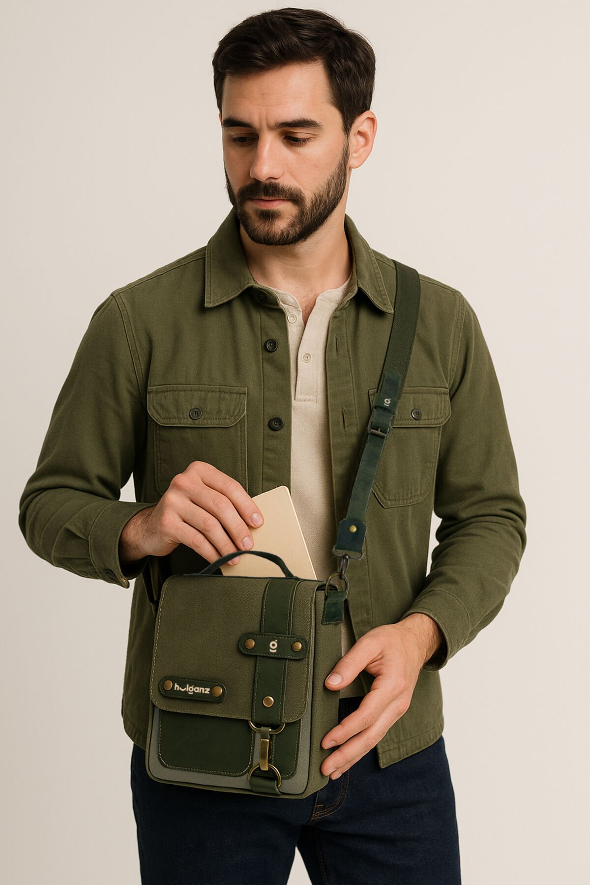 DUG Mumlu Kanvas & Hakiki Deri Postacı & El Çantası (Messenger Bag) 17x20 cm Haki