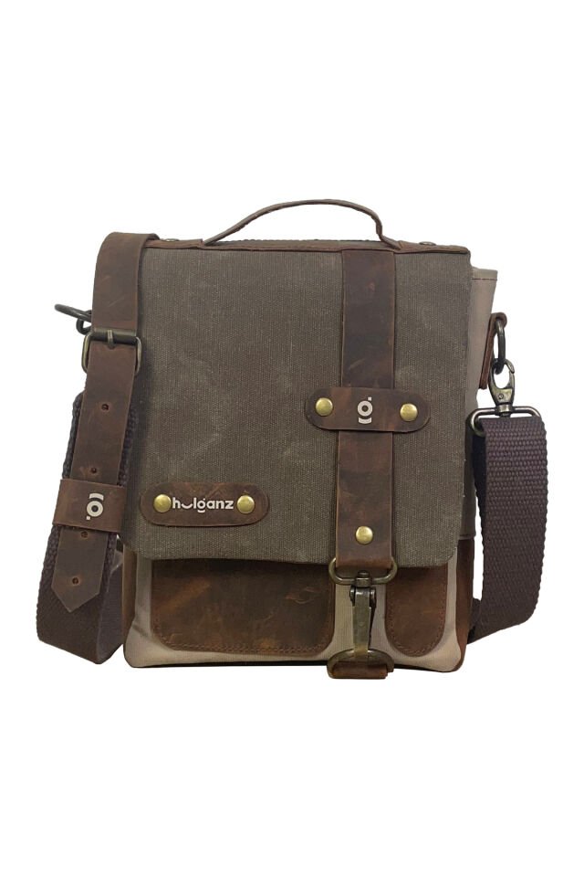 DUG Mumlu Kanvas & Hakiki Deri Postacı & El Çantası (Messenger Bag) 17x20 cm Kahverengi