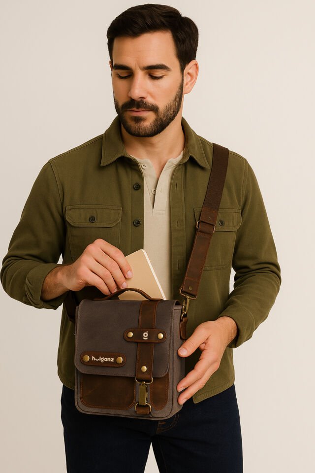 DUG Mumlu Kanvas & Hakiki Deri Postacı & El Çantası (Messenger Bag) 17x20 cm Kahverengi