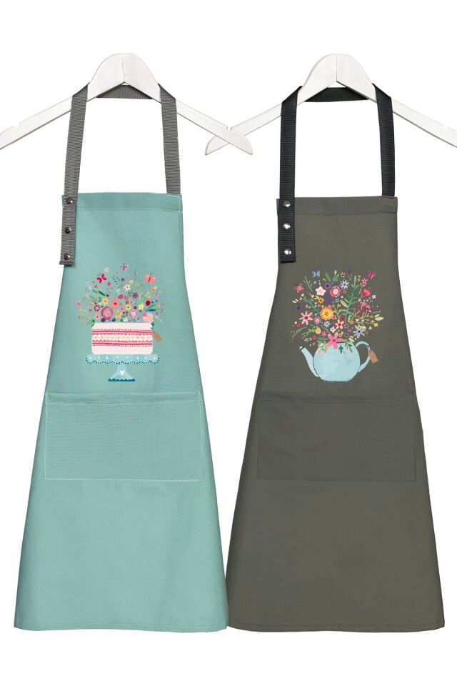 Mutfak Önlüğü Seti 2'li Leke Tutmaz Su itici Kumaş Solmaz Baskı Çiçekli Pasta ve Demlik Desenli 55 x 75 - Mint - Yosun
