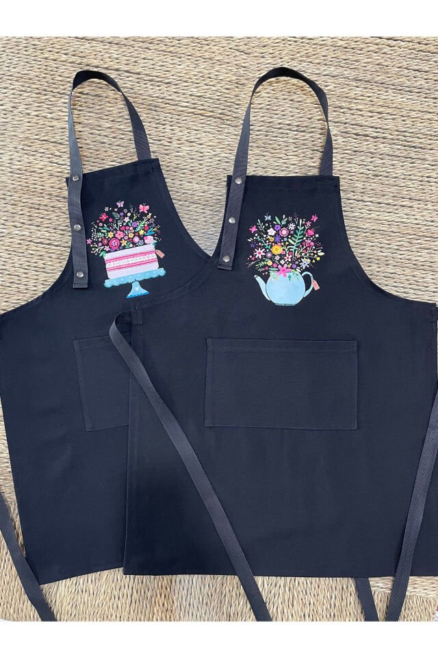Mutfak Önlüğü Seti 2'li Leke Tutmaz Su itici Kumaş Solmaz Baskı Çiçekli Pasta ve Demlik Desenli 55 x 75 - Siyah - Siyah