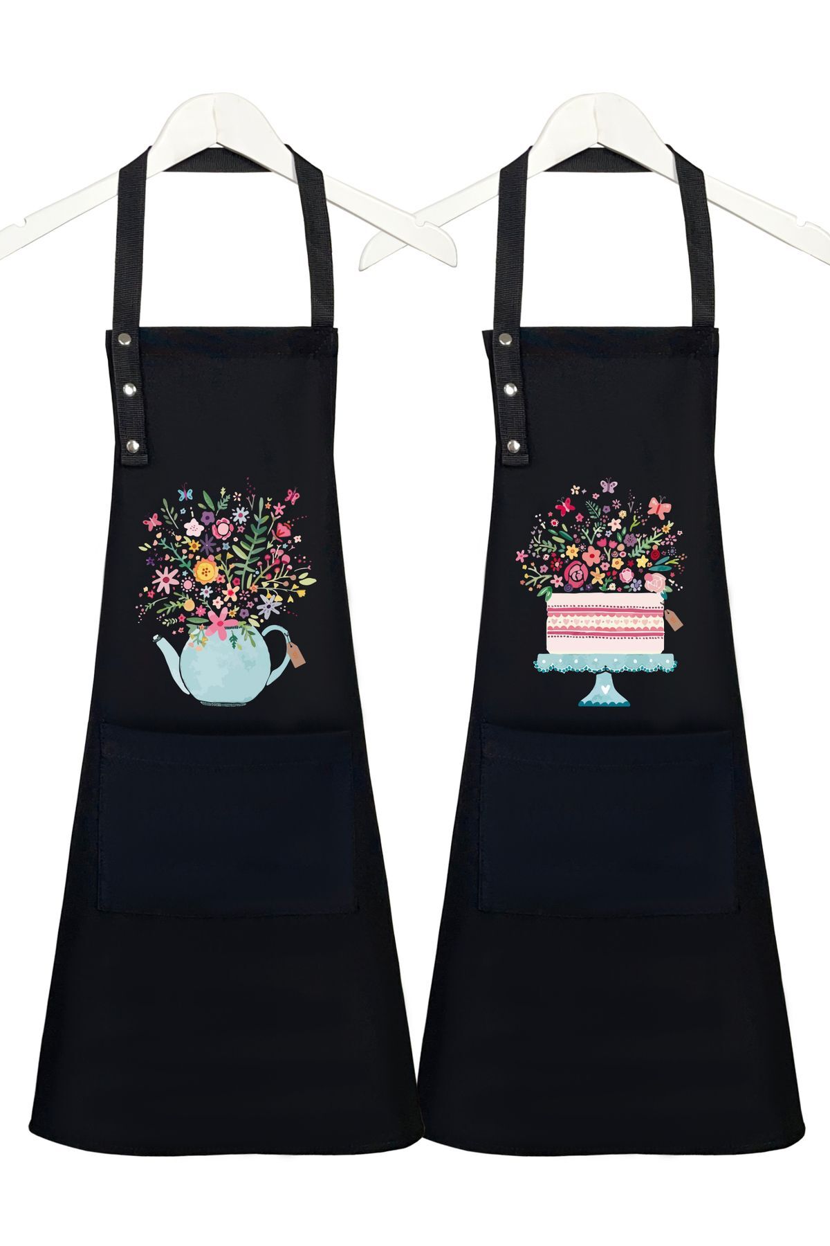 Mutfak Önlüğü Seti 2'li Leke Tutmaz Su itici Kumaş Solmaz Baskı Çiçekli Pasta ve Demlik Desenli 55 x 75 - Siyah - Siyah