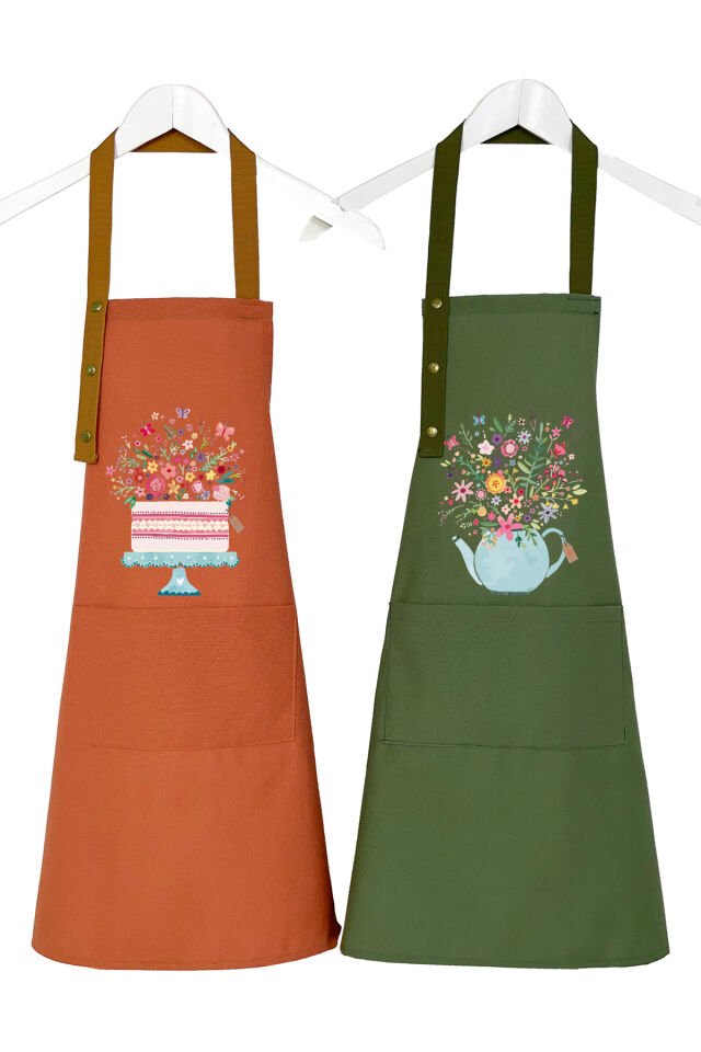 Mutfak Önlüğü Seti 2'li Leke Tutmaz Su itici Kumaş Solmaz Baskı Çiçekli Pasta ve Demlik Desenli 55 x 75 - Haki - Terracotta